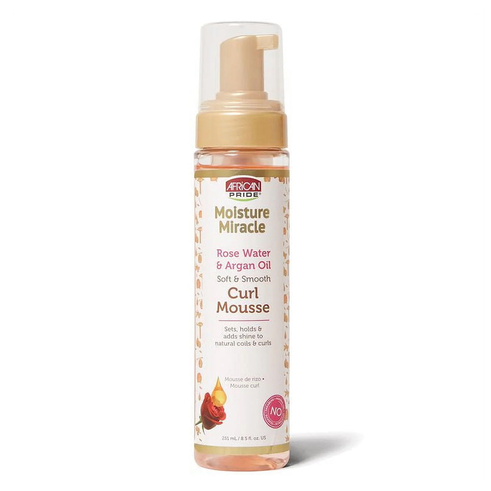 African Pride Moisture Miracle Curl Mousse with Rose Water and Argan Oil for Defining Curls and Adding Shine 8.5Oz (251ml)